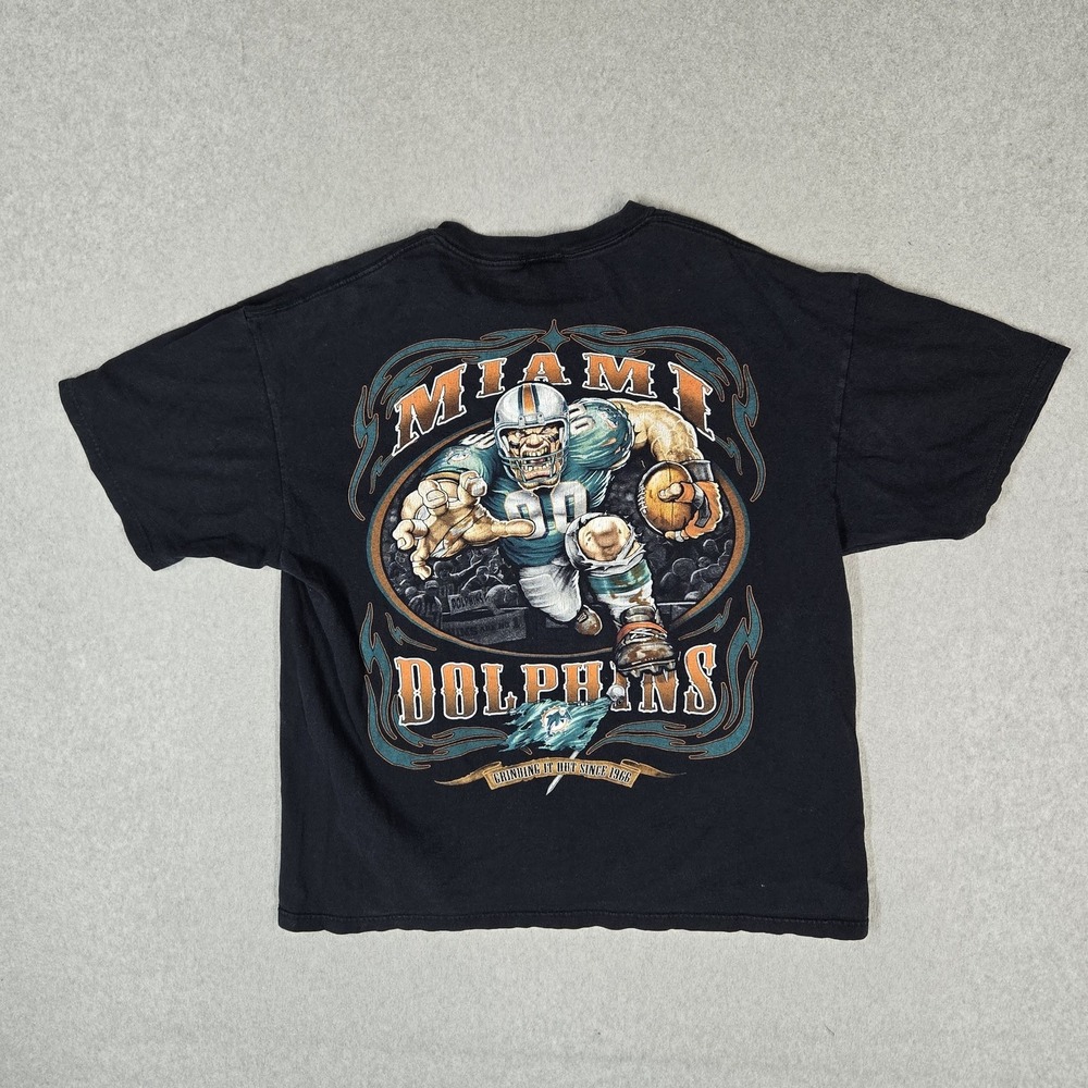 VINTAGE Miami Dolphins Men Shirt 2XL Black Football Player Logo Graphic Print